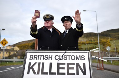 Border Communities Against Brexit protesters pose as customs officers at a rally along the border between the Republic of Ireland and the United Kingdom on March 30th, 2019, in Newry, Ireland.