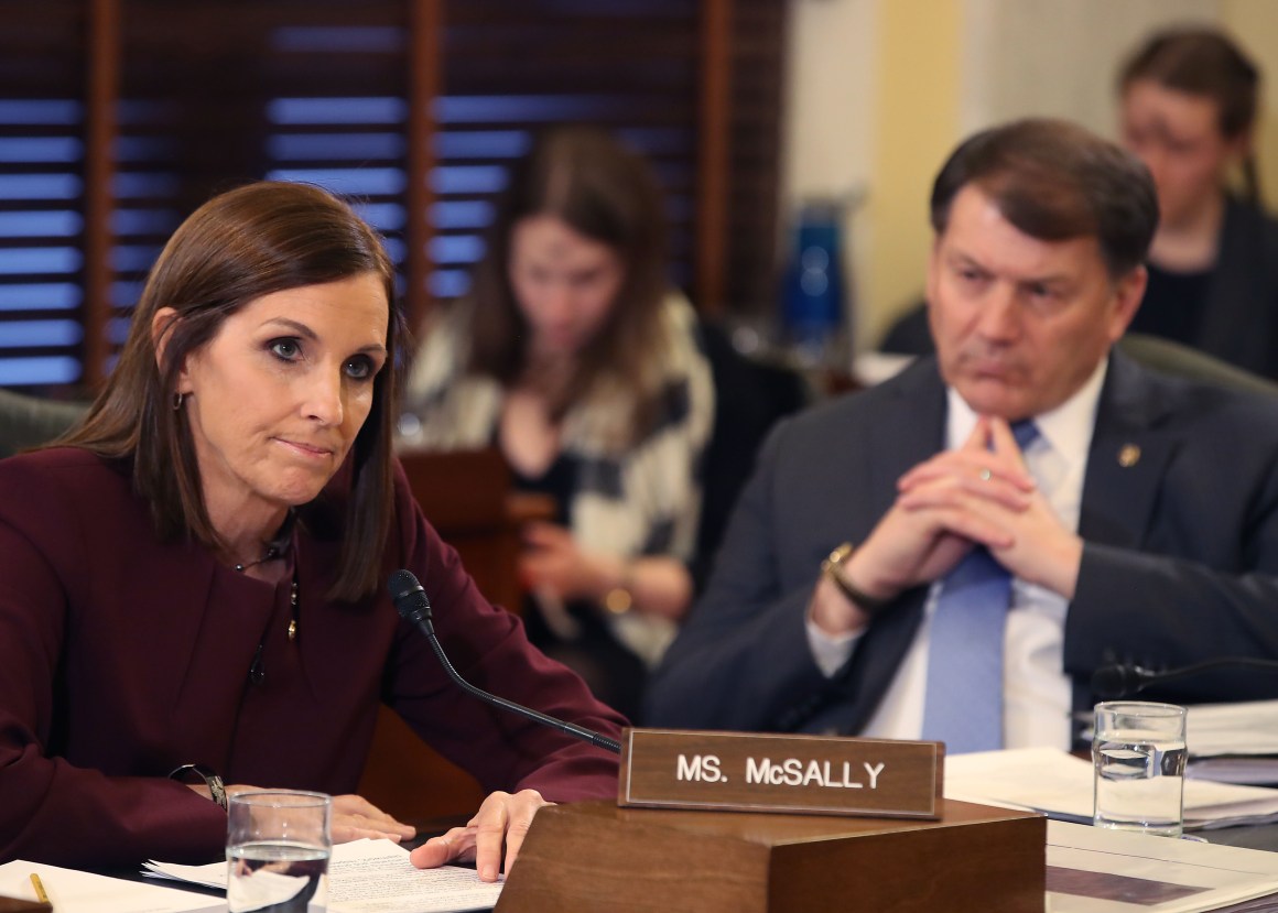 Senator Martha McSally (R-Arizona) speaks while Senator Mike Rounds (R-South Dakota) listens, during a Senate Armed Service Committee hearing on prevention and response to sexual assaults in the military, on March 6th, 2019, in Washington, D.C.