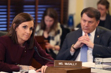 Senator Martha McSally (R-Arizona) speaks while Senator Mike Rounds (R-South Dakota) listens, during a Senate Armed Service Committee hearing on prevention and response to sexual assaults in the military, on March 6th, 2019, in Washington, D.C.