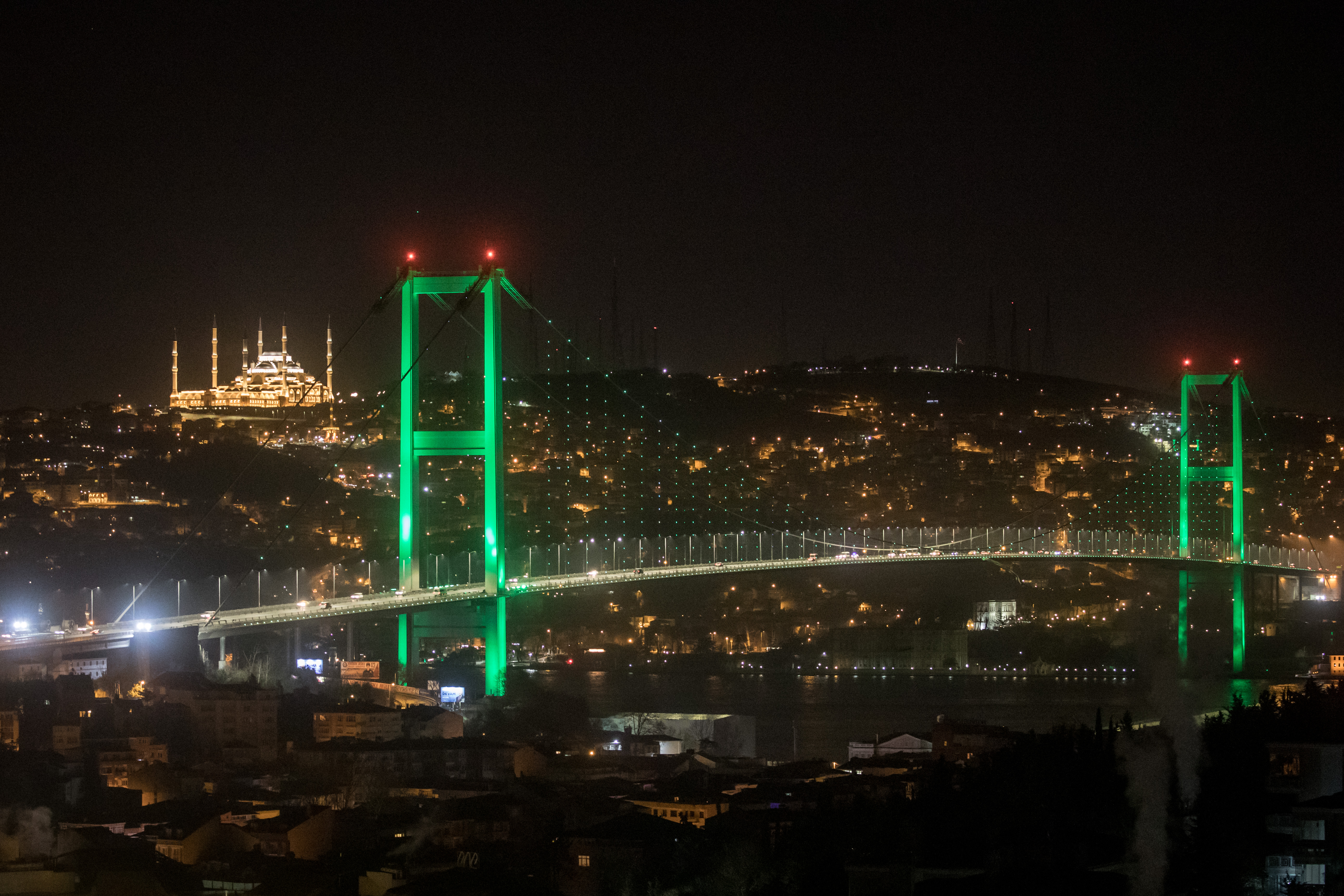 Camlica Mosque is seen behind the July 15th Martyrs Bridge ahead of the first official public prayer marking the opening of Camlica Mosque on March 7th, 2019, in Istanbul, Turkey. The mosque sits on Camlica Hill with sweeping views over Istanbul.