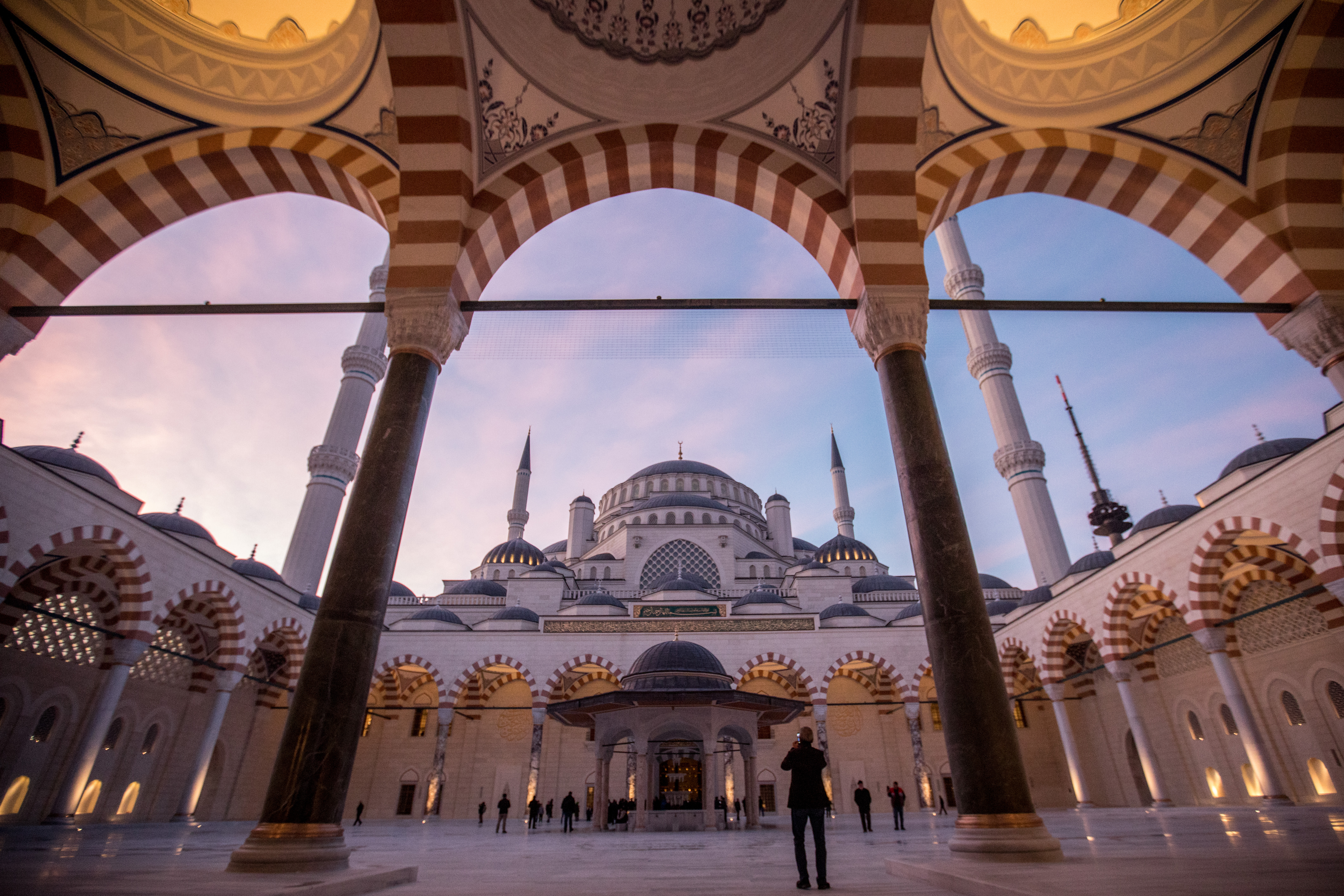 People stroll around in the courtyard of Camlica Mosque after taking part in the first official public prayer marking the opening of Camlica Mosque on March 7th, 2019, in Istanbul, Turkey.