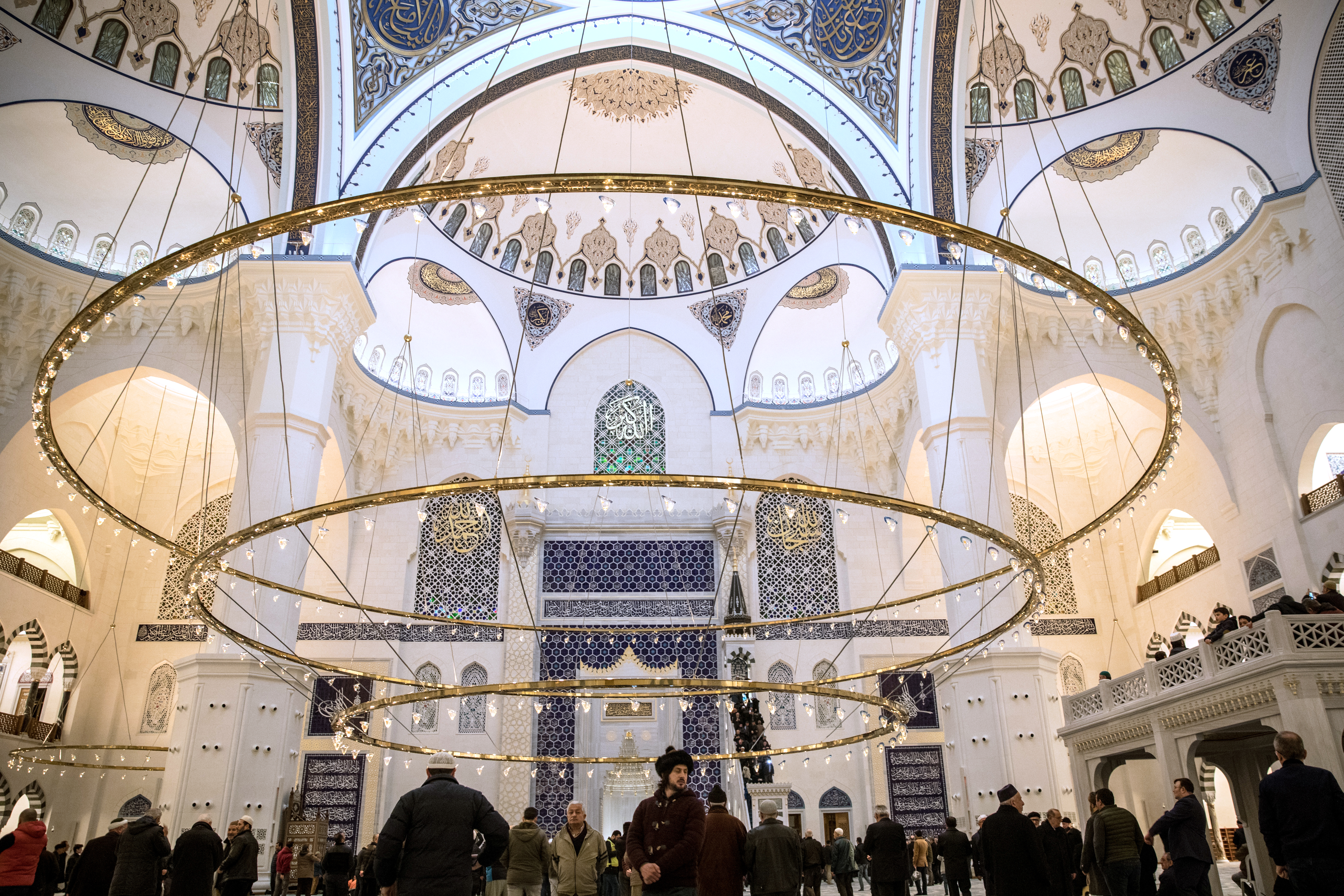 People wait to take part in the first official public prayer marking the opening of Camlica Mosque on March 7th, 2019, in Istanbul, Turkey.