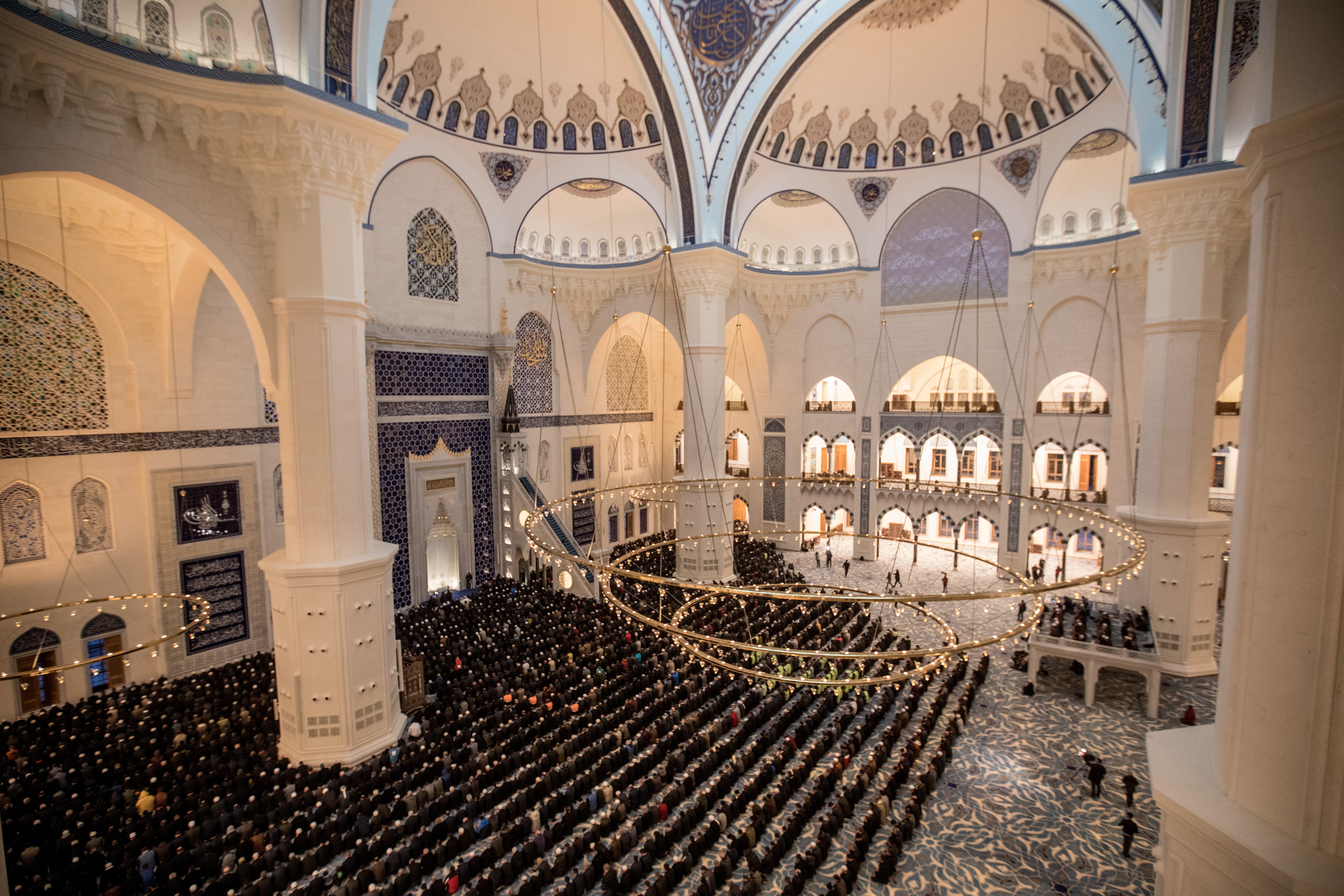 People take part in the first official public prayer marking the opening of Camlica Mosque on March 7th, 2019, in Istanbul, Turkey.