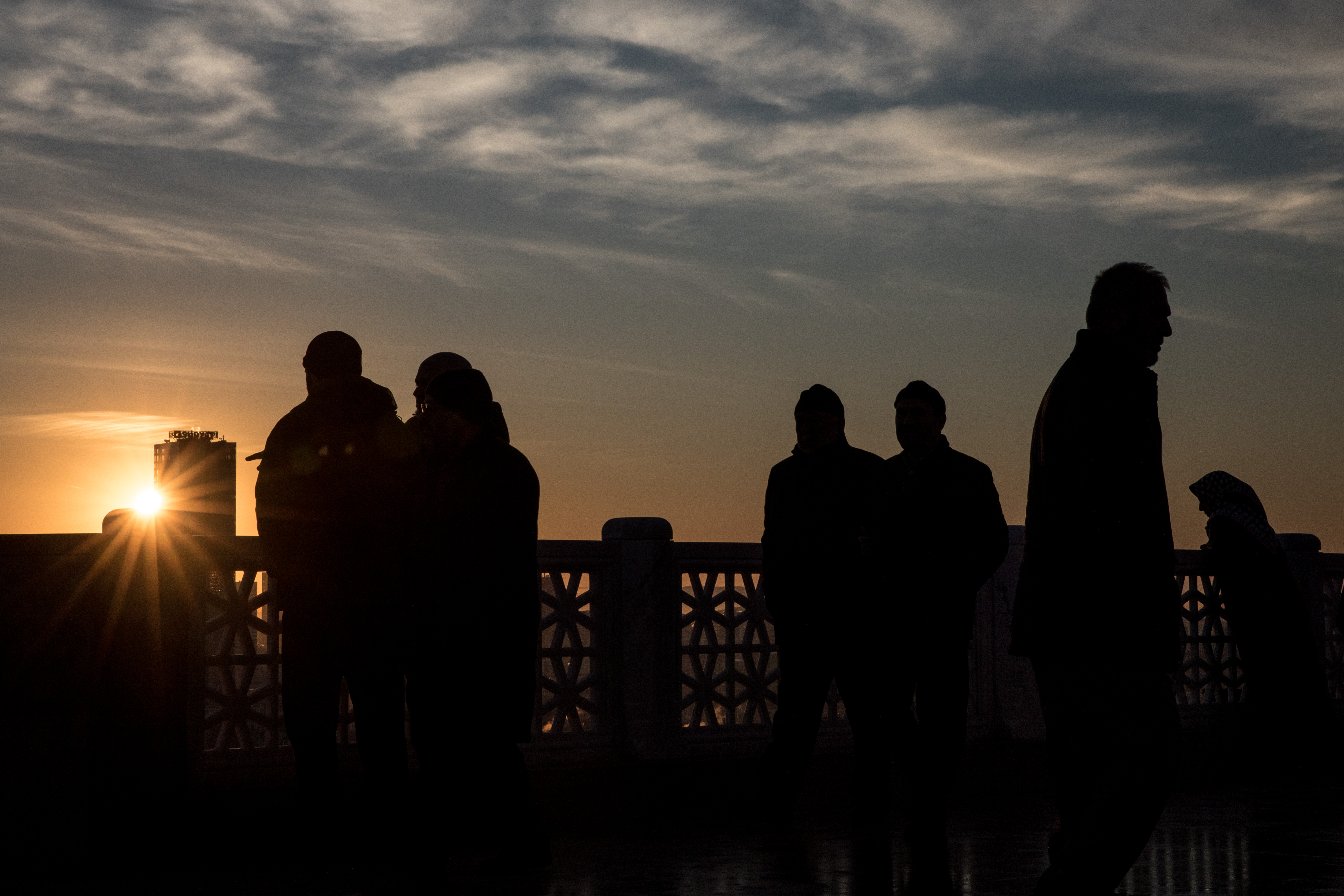 People view the sunrise from Camlica Mosque after taking part in the first official public prayer marking the opening of Camlica Mosque on March 7th, 2019, in Istanbul, Turkey.