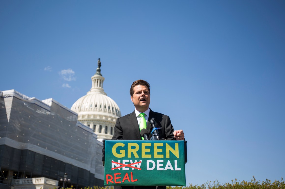 Representative Matt Gaetz of Florida at a press conference unveiling the "Green Real Deal" on April 3rd, 2019, in Washington, D.C.