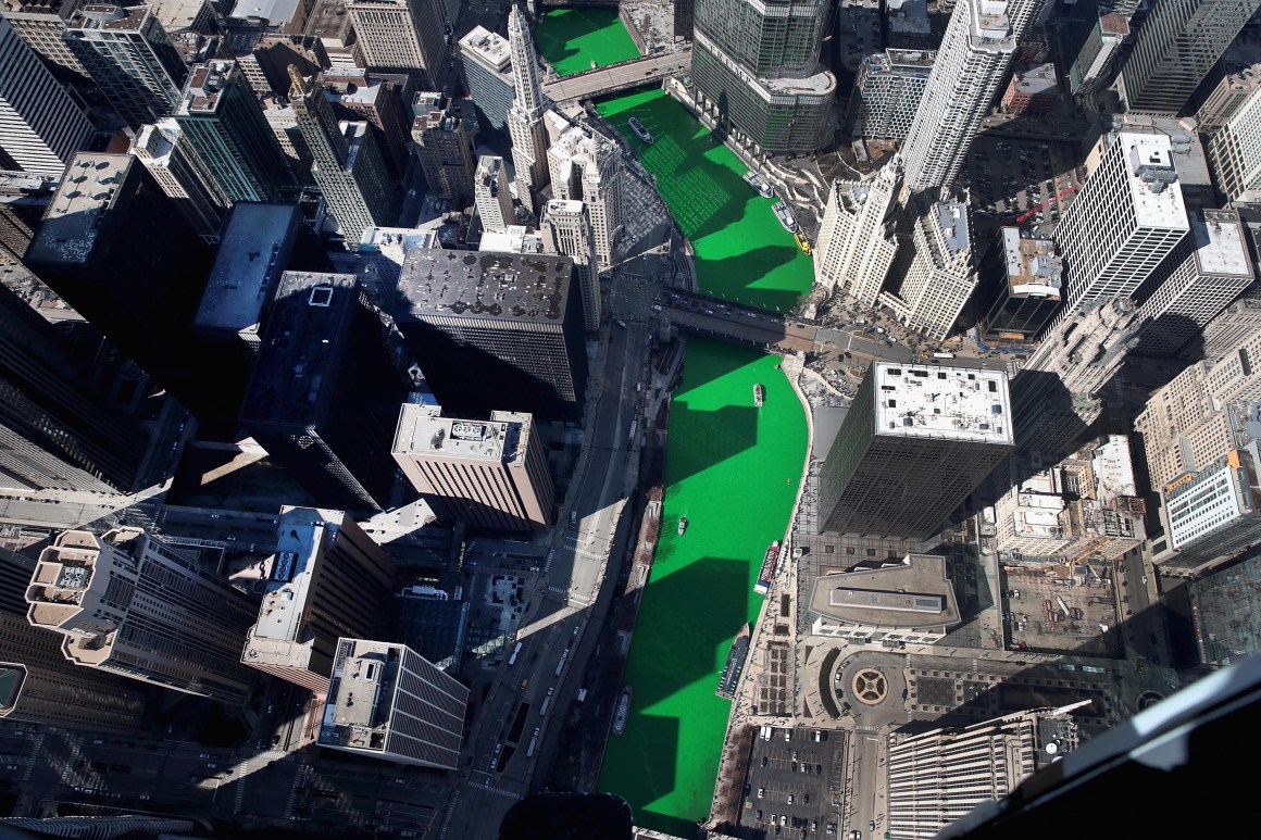 An aerial view of the Chicago River as it winds its way through downtown Chicago after being dyed green in celebration of St. Patrick's Day on March 16th, 2019.