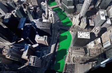 An aerial view of the Chicago River as it winds its way through downtown Chicago after being dyed green in celebration of St. Patrick's Day on March 16th, 2019.