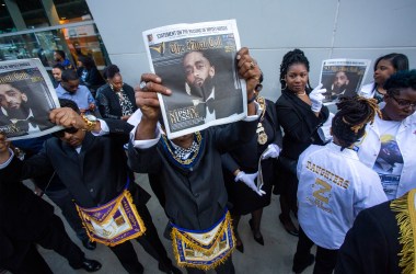 Masons attend a memorial celebration for slain rapper Nipsey Hussle at the Staples Center arena on April 11th, 2019 in Los Angeles, California. Fans filled the 21,000-seat arena to mourn the Grammy-nominated artist, who was shot and killed in front of his store, The Marathon Clothing, on March 31st, 2019 in Los Angeles.