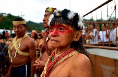 Waorani indigenous people march toward the provincial court to demand the non-exploitation of oil in their territory, in Puyo, Ecuador, on April 11th, 2019.