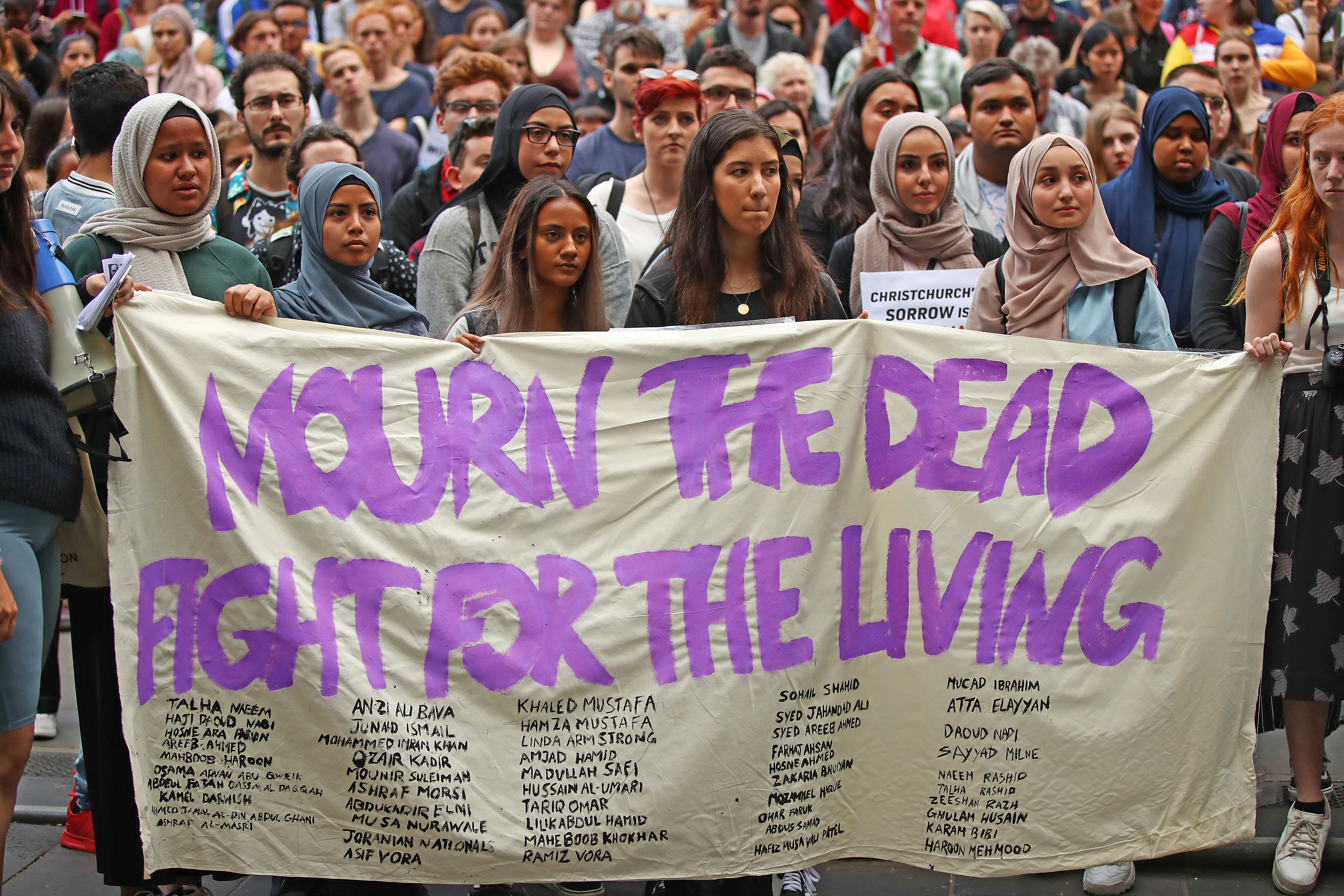 Protesters march during a rally against racism and Islamophobia on March 19th, 2019, in Melbourne, Australia. The protesters are calling for the resignation of Senator Fraser Anning, following a statement he issued within hours of the Christchurch terror attacks on Friday, March 15th, in which he linked the shootings at two mosques to immigration.