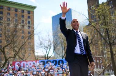 Senator Cory Booker greets supporters as he arrives to speak during a campaign event on April 13th, 2019, in Newark, New Jersey.