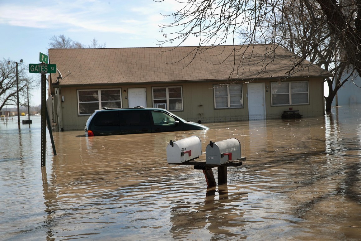 An apartment building is surrounded by floodwater on March 22nd, 2019, in Craig, Missouri.