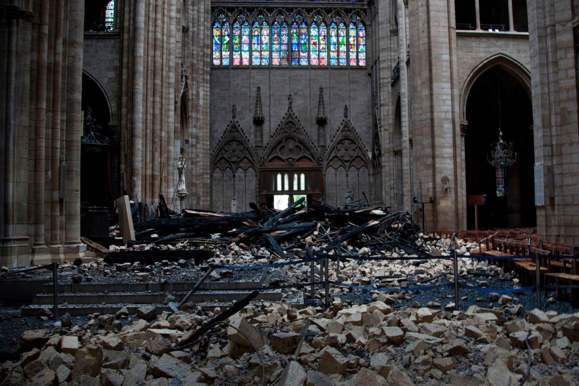 Debris is seen inside Notre Dame Cathedral in Paris on April 16th, 2019, a day after a fire that devastated the building in the center of the French capital.