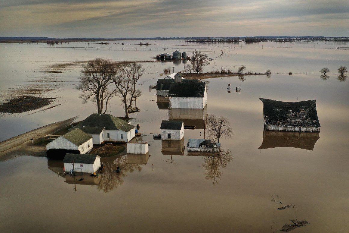 Floodwater surrounds a farm on March 22nd, 2019, near Craig, Missouri.