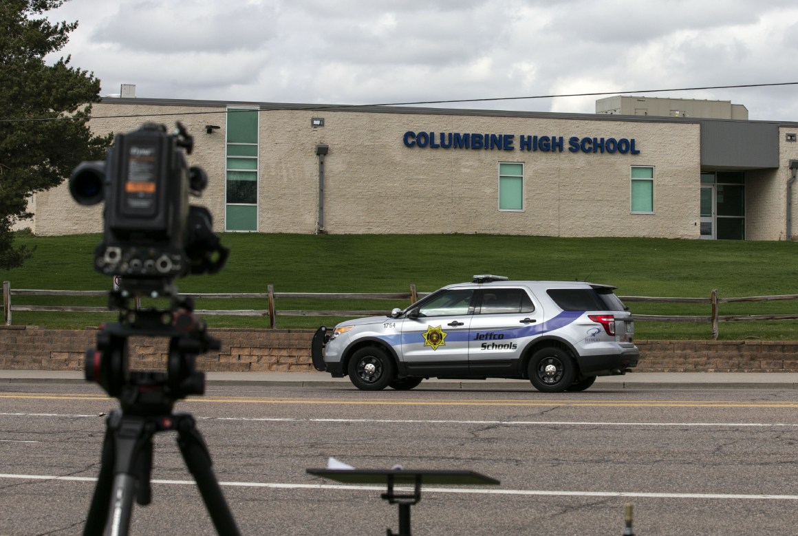 Police patrol outside Columbine High School on April 17th, 2019, in Littleton, Colorado, as all Denver-area schools were evacuated and classes canceled after an active threat to the area.