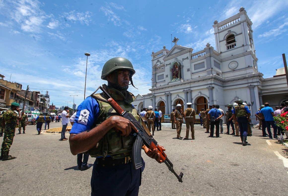 Sri Lankan security forces secure the area around St. Anthony's Shrine after an explosion hit St Anthony's Church in Kochchikade on April 21st, 2019 in Colombo, Sri Lanka.