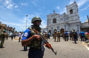 Sri Lankan security forces secure the area around St. Anthony's Shrine after an explosion hit St Anthony's Church in Kochchikade on April 21st, 2019 in Colombo, Sri Lanka.