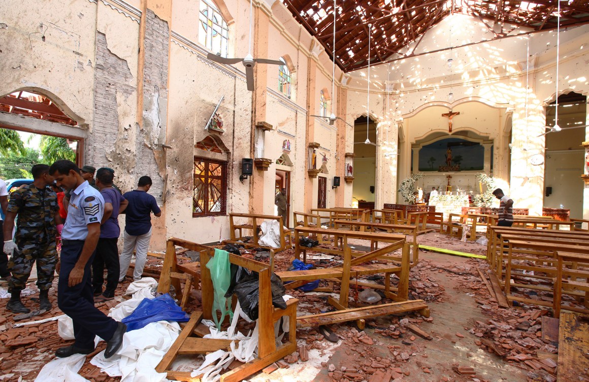 Sri Lankan officials inspect St. Sebastian's Church in Negombo, after one of the multiple explosions targeting churches and hotels on Easter Sunday, April 21st, 2019. Across three church bombings, and three luxury hotel bombings, at least 207 people were killed and hundreds more injured.