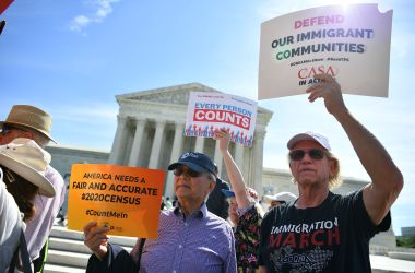 Demonstrators rally at the U.S. Supreme Court in Washington, D.C., on April 23rd, 2019, to protest the proposal to add a citizenship question to the 2020 Census.