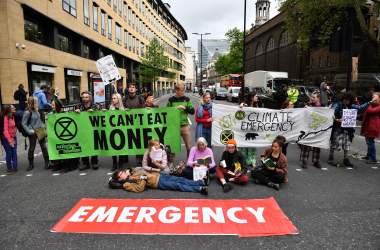 Climate change activists block traffic in the London's financial district during environmental protests by the Extinction Rebellion group on April 25th, 2019.