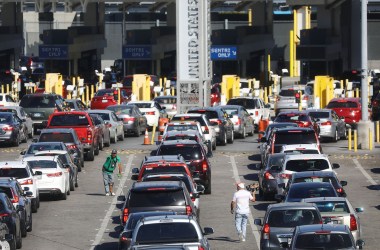 Cars line up to cross into the U.S. at the San Ysidro Port of Entry, one of the busiest land border crossings in the world, on the U.S.–Mexico border on March 31st, 2019, in Tijuana, Mexico.