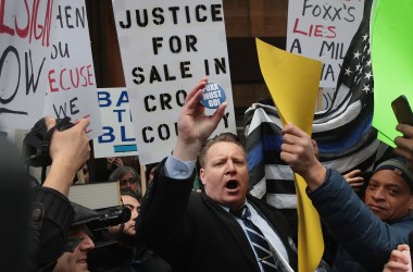 Protesters organized by the Fraternal Order of Police call for the removal of Cook County State's Attorney Kim Foxx on April 1st, 2019, in Chicago, Illinois. Foxx has been under fire after her office worked out a deal to drop felony charges against Empire actor Jussie Smollett.