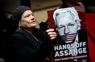 Protesters demonstrate in support of WikiLeaks Founder Julian Assange outside Southwark Crown Court, where he was sentenced on May 1st, 2019.