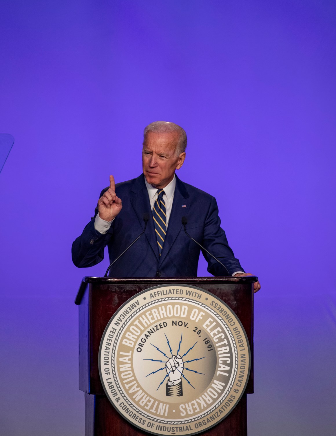 Former Vice President Joe Biden speaks at the International Brotherhood of Electrical Workers Construction and Maintenance conference on April 5th, 2019, in Washington, D.C.