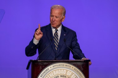 Former Vice President Joe Biden speaks at the International Brotherhood of Electrical Workers Construction and Maintenance conference on April 5th, 2019, in Washington, D.C.