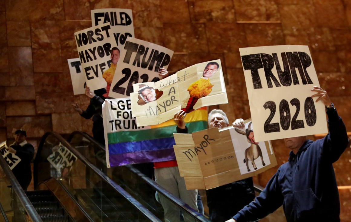 Protesters gather as New York City Mayor Bill de Blasio holds a Green New Deal rally at Trump Tower in New York City on May 13th, 2019. De Blasio recently unveiled his Green New Deal to reduce carbon emissions in New York City.