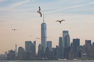 Haze covers the lower Manhattan skyline seen from Staten Island on May 17th, 2019, in New York City.