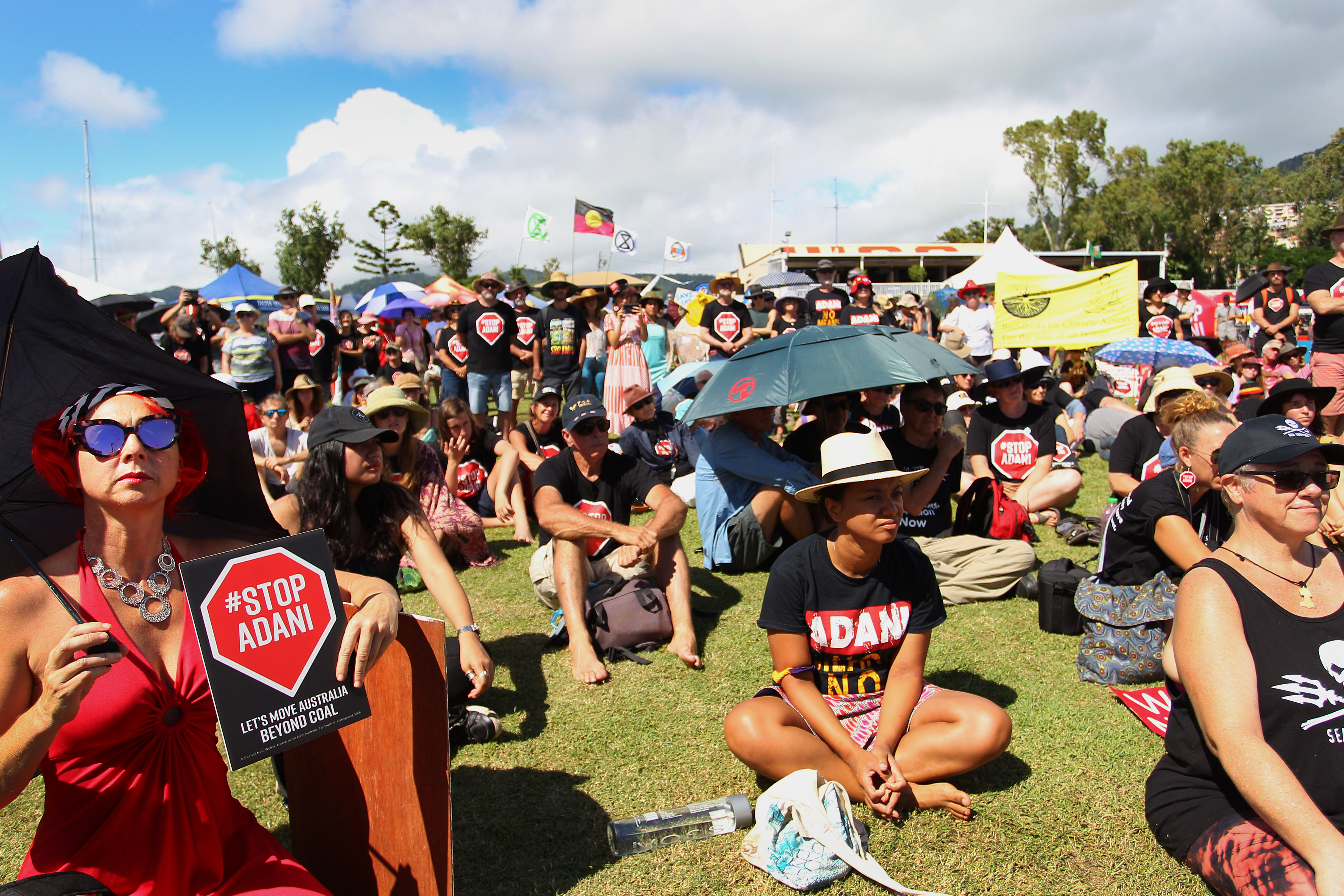 Environmental activists and members of the public attend an anti-Adani Carmichael coal mine rally on April 26th, 2019, in Airlie Beach, Australia.