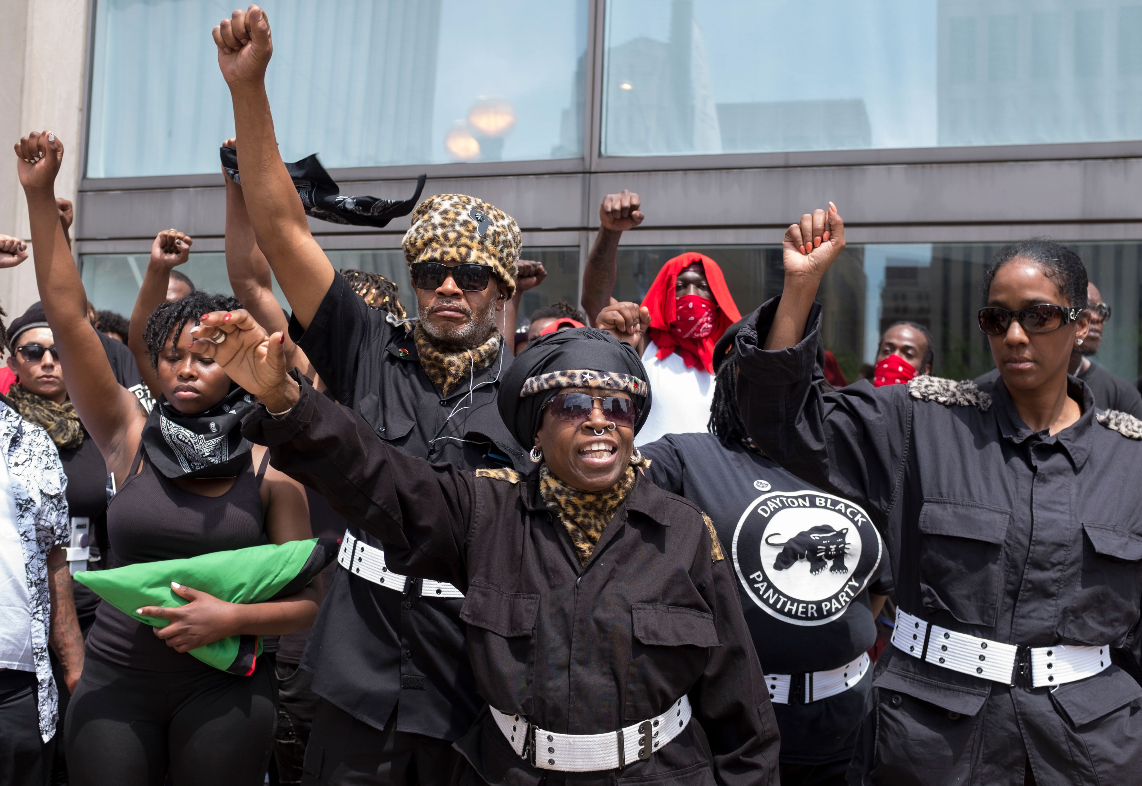 Members of the Dayton chapter of the Black Panthers protest against a small group from the KKK-affiliated Honorable Sacred Knights during a rally in Dayton, Ohio, on May 25th, 2019.