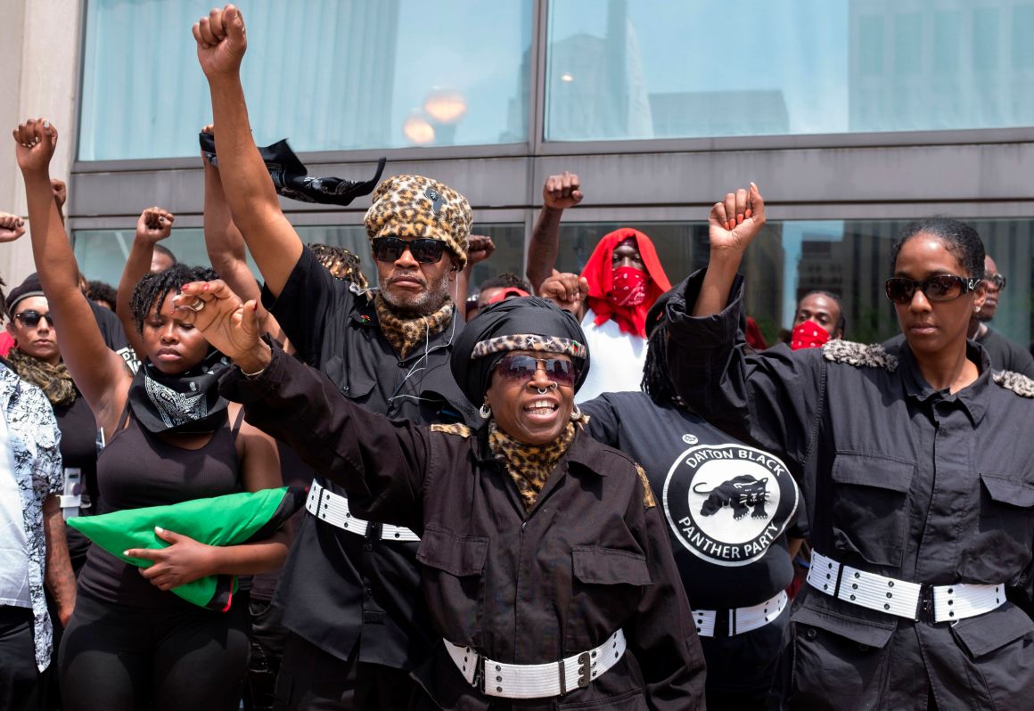 Members of the Dayton chapter of the Black Panthers protest against a small group from the KKK-affiliated Honorable Sacred Knights during a rally in Dayton, Ohio, on May 25th, 2019.