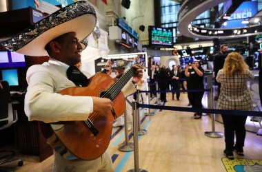 In celebration of Cinco de Mayo, a mariachi band performs on the floor of the New York Stock Exchange on May 3rd, 2019, in New York City. Stocks closed up nearly 200 points following news of a strong jobs report and other indicators showing signs that the global economy is healthier than previously expected.