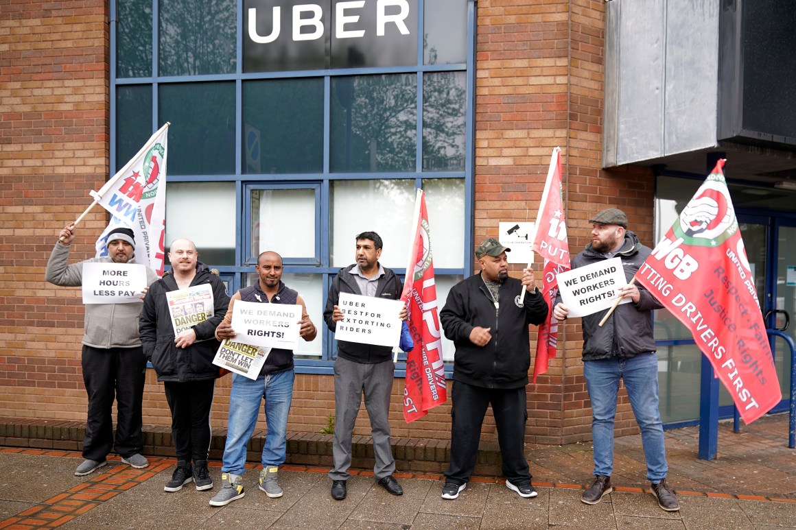 Uber drivers protest outside the Uber offices on May 8th, 2019, in Birmingham, England.