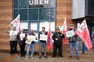 Uber drivers protest outside the Uber offices on May 8th, 2019, in Birmingham, England.