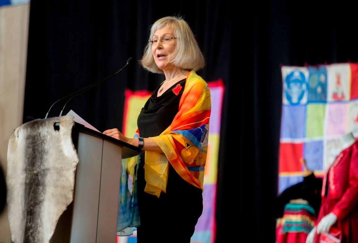 Chief Commissioner Marion Buller speaks at the closing ceremony marking the conclusion of the National Inquiry into Missing and Murdered Indigenous Women and Girls at the Museum of History in Gatineau, Quebec, on June 3rd, 2019. After two and a half years of hearings, a Canadian inquiry released its final report on the disappearance and death of hundreds if not thousands of indigenous women, victims of endemic violence that the commission controversially said amounted to "genocide."