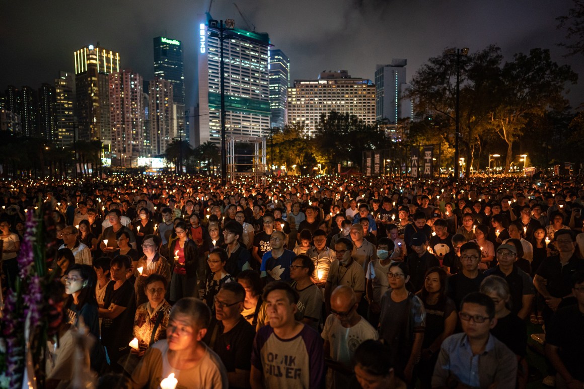 People hold candles as they take part in a candlelight vigil at Victoria Park on June 4th, 2019, in Hong Kong, China. As many as 180,000 people were expected to attend a candlelight vigil in Hong Kong on Tuesday during the 30th anniversary of the Tiananmen Square massacre. Commemorations took place in cities around the world to remember those who died when Chinese troops cracked down on pro-democracy protesters. Thirty years ago, the People's Liberation Army opened fire on protesters in Beijing after hundreds of thousands of students and workers gathered in Tiananmen Square for weeks to call for greater political freedom. No one knows for sure how many people were killed, as China continues to censor any coverage or discussion of the event.