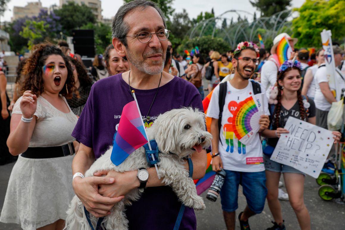 Participants to the 18th annual Jerusalem Gay Pride parade gather in the Holy City on June 6th, 2019. Police deployed some 2,500 undercover and uniformed officers for the parade that started at a park in Jerusalem and continued through nearby streets.