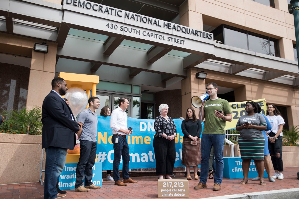 Jack Shapiro speaks in front of the Democratic National Committee headquarters during a Greenpeace rally to call for a presidential campaign climate debate on June 12th, 2019, in Washington, D.C. DNC Chairman Tom Perez rejected a request from Democratic presidential candidate and Washington Governor Jay Inslee to host a 2020 presidential debate focused solely on climate change.