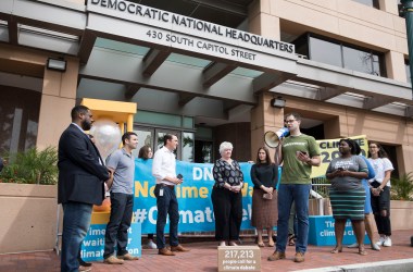 Jack Shapiro speaks in front of the Democratic National Committee headquarters during a Greenpeace rally to call for a presidential campaign climate debate on June 12th, 2019, in Washington, D.C. DNC Chairman Tom Perez rejected a request from Democratic presidential candidate and Washington Governor Jay Inslee to host a 2020 presidential debate focused solely on climate change.