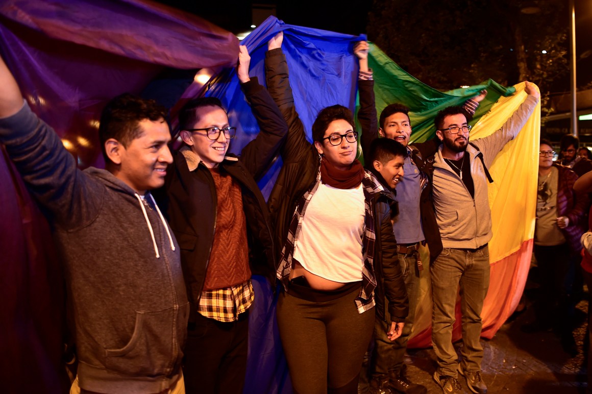 People celebrate after Ecuador's highest court approved same-sex marriage in a landmark ruling, in Guayaquil, Ecuador, on June 12th, 2019.