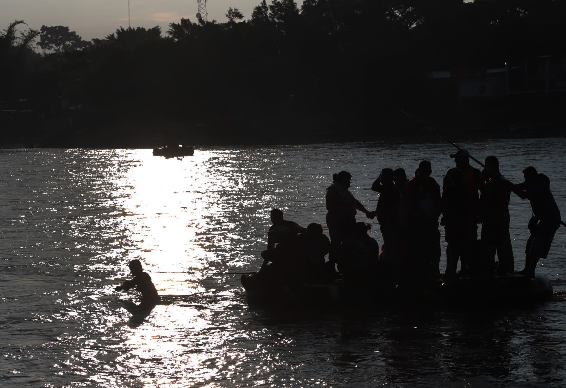 Migrants and residents use a makeshift raft to illegally cross the Suchiate river, from Tecun Uman, in Guatemala, to Ciudad Hidalgo, Mexico, on June 14th, 2019.