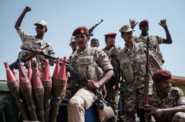 Members of Sudan's Rapid Support Forces, led by General Mohamed Hamdan Dagalo (deputy head of Sudan's ruling Transitional Military Council and commander of the paramilitaries, also known as Himediti), stand guard during the general's meeting with his supporters in Khartoum on June 18th, 2019. Sudanese protesters are seeking civilian rule as the Transitional Military Council retains power after the removal of Omar al-Bashir.