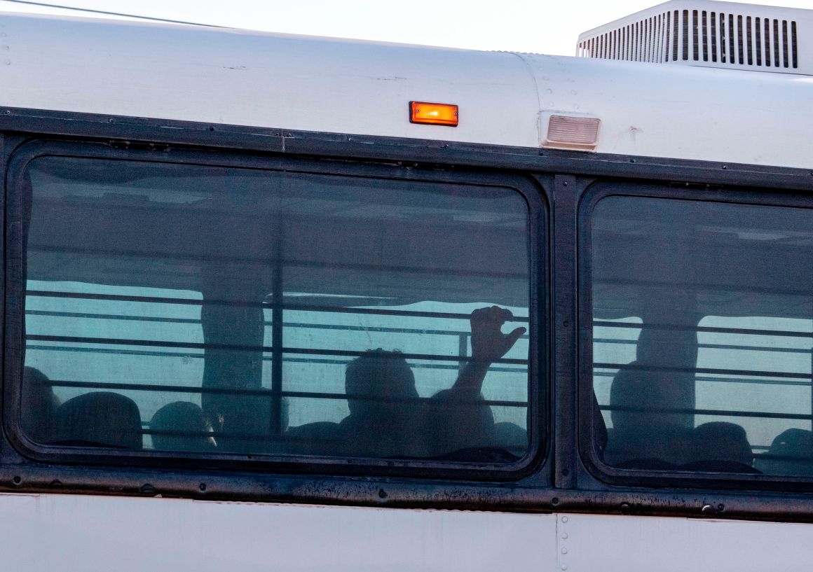 A bus transporting immigrants leaves a temporary facility at a U.S. Border Patrol Station in Clint, Texas, on June 21st, 2019. Lawyers who toured the facility said they witnessed inhumane conditions.