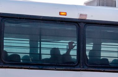 A bus transporting immigrants leaves a temporary facility at a U.S. Border Patrol Station in Clint, Texas, on June 21st, 2019. Lawyers who toured the facility said they witnessed inhumane conditions.