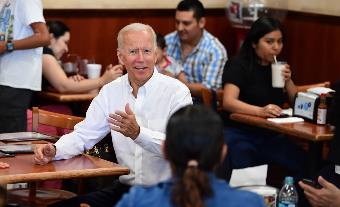 Democratic Party candidate Joe Biden gestures while meeting with patrons at a restaurant in Los Angeles on July 19th, 2019.