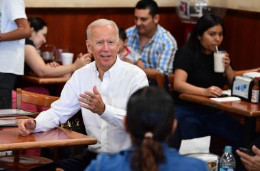 Democratic Party candidate Joe Biden gestures while meeting with patrons at a restaurant in Los Angeles on July 19th, 2019.