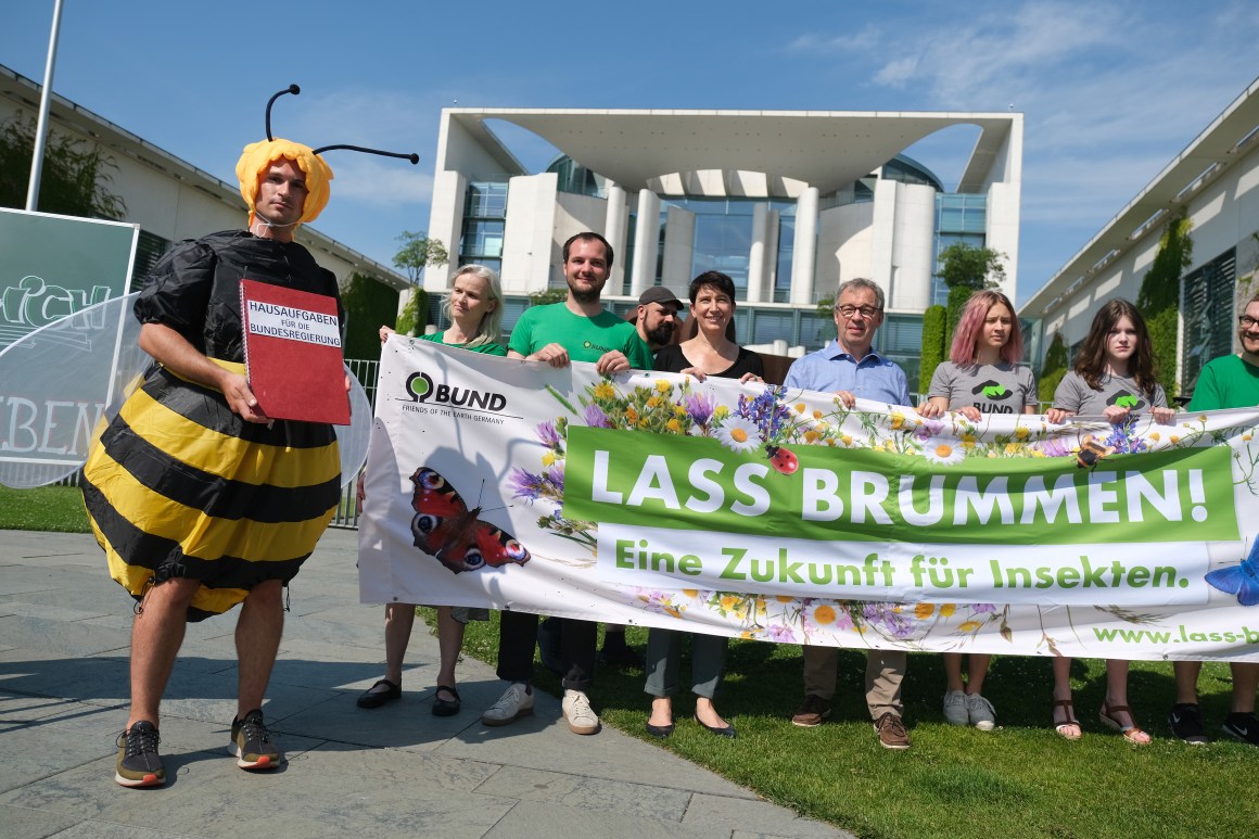 An activist dressed as a bumblebee holds a notebook that reads: "Homework for the federal government" during a protest for better conditions for insects on June 19th, 2019, in Berlin, Germany. Several studies point to a strong decline in Germany's insect population over the last decades, with causes attributed to a variety of factors, including the increased use of pesticides and fertilizers in agriculture, the loss of wild meadows, growing urbanization, and climate shifts.